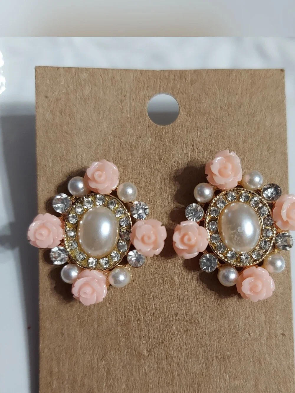 Textured Gold Tone/Peach Roses, Faux Pearls & Faceted Cut Crystal Earrings